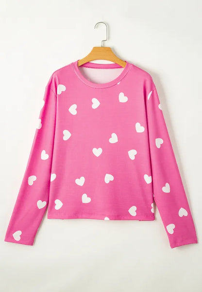 Heart Round Neck Long Sleeve Top and Elastic Waist Shorts Set - Treasured Gift's & More