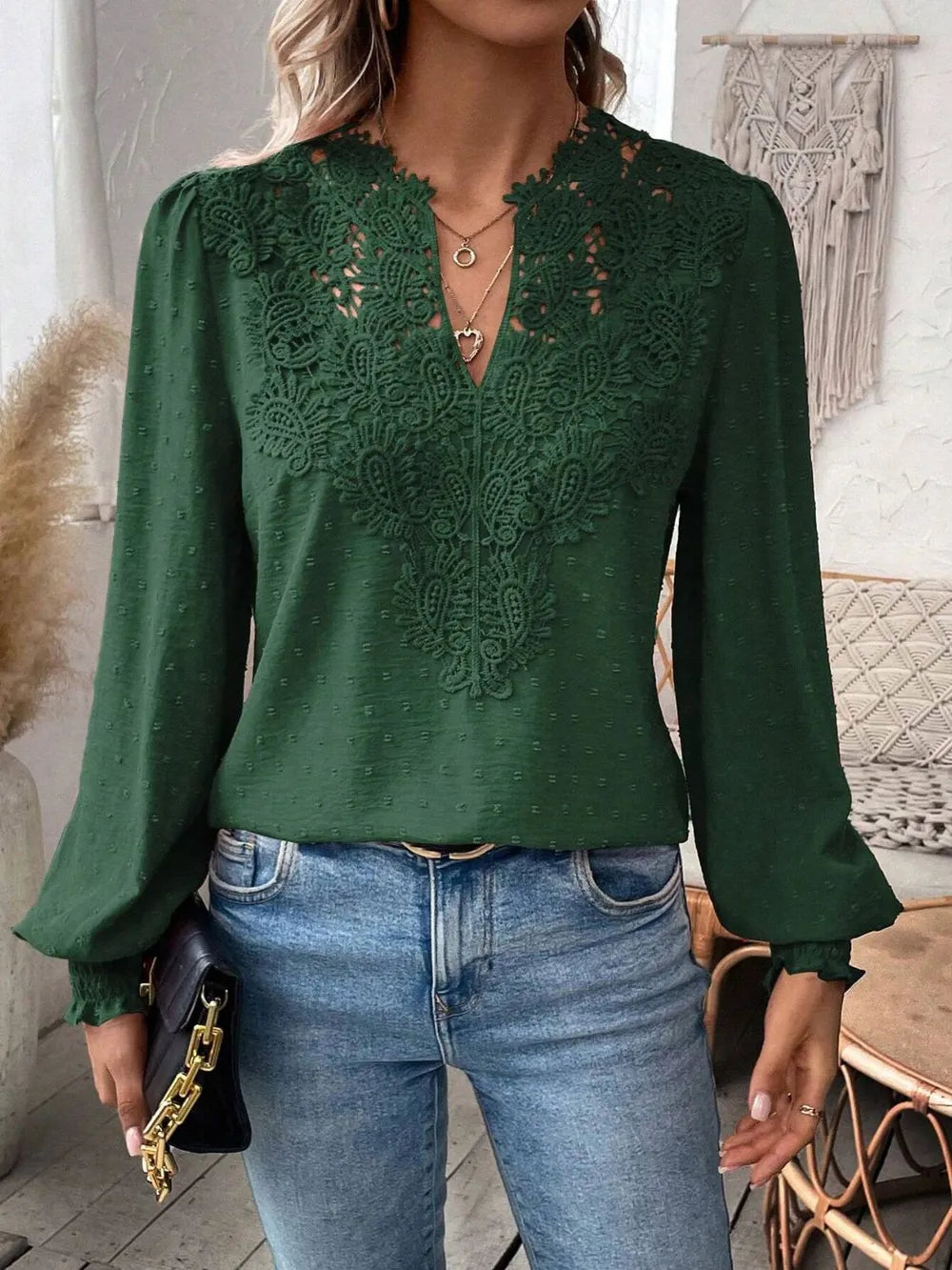 Swiss Dot Lace Detail Notched Long Sleeve Blouse - Treasured Gift's & More