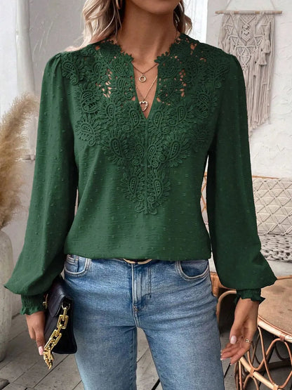 Swiss Dot Lace Detail Notched Long Sleeve Blouse - Treasured Gift's & More