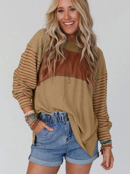 Round Neck Striped Long Sleeve Slit T-Shirt - Treasured Gift's & More