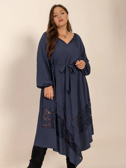 Plus Size Lace Detail Tie Neck Long Sleeve Midi Dress - Treasured Gift's & More