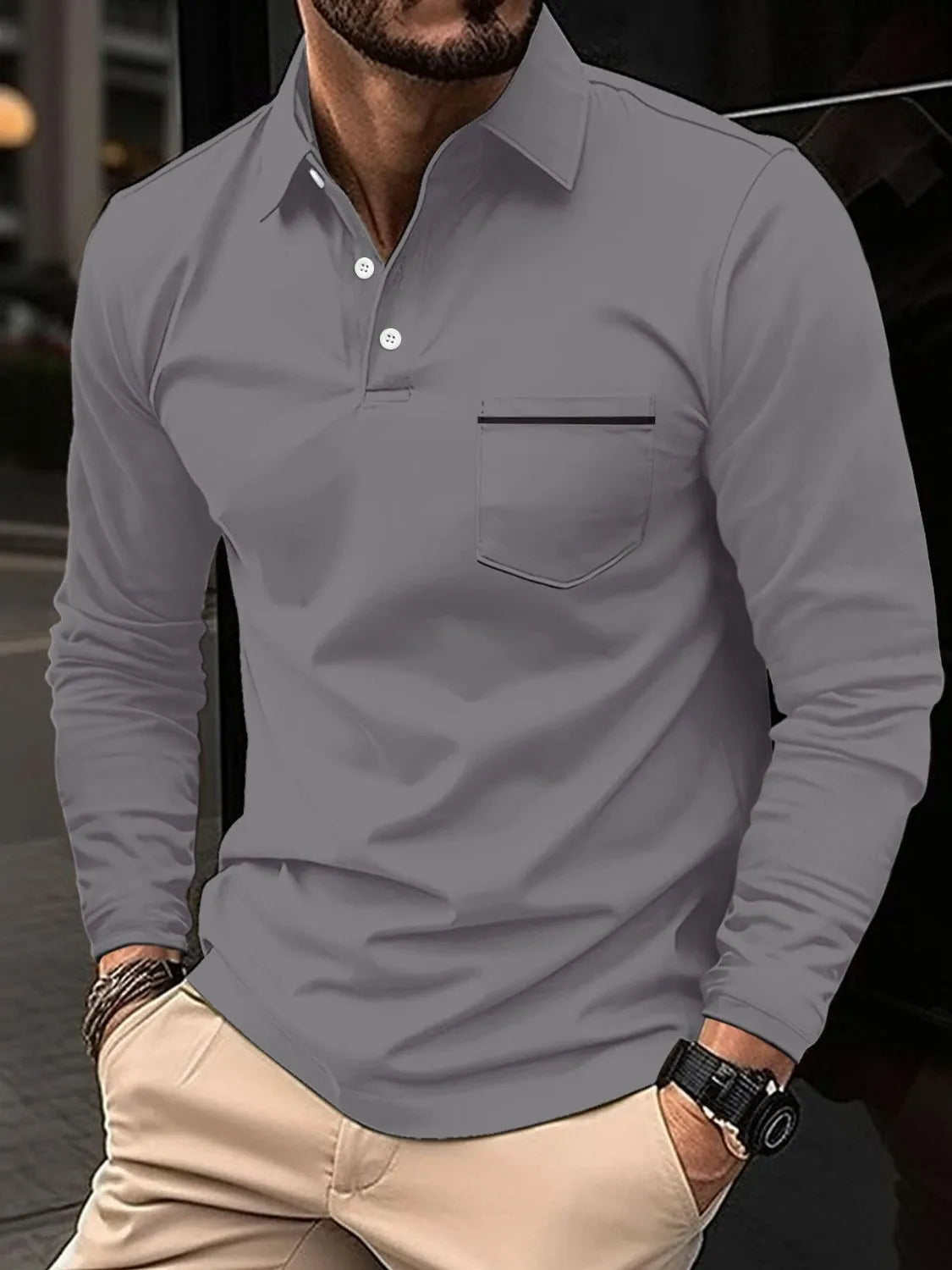 Men's Full Size Button Detail Long Sleeve Polo Plus Size - Treasured Gift's & More