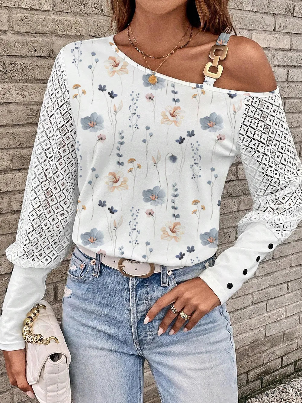Printed Asymmetrical Neck Lantern Sleeve T-Shirt - Treasured Gift's & More