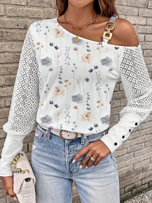 Printed Asymmetrical Neck Lantern Sleeve T-Shirt - Treasured Gift's & More