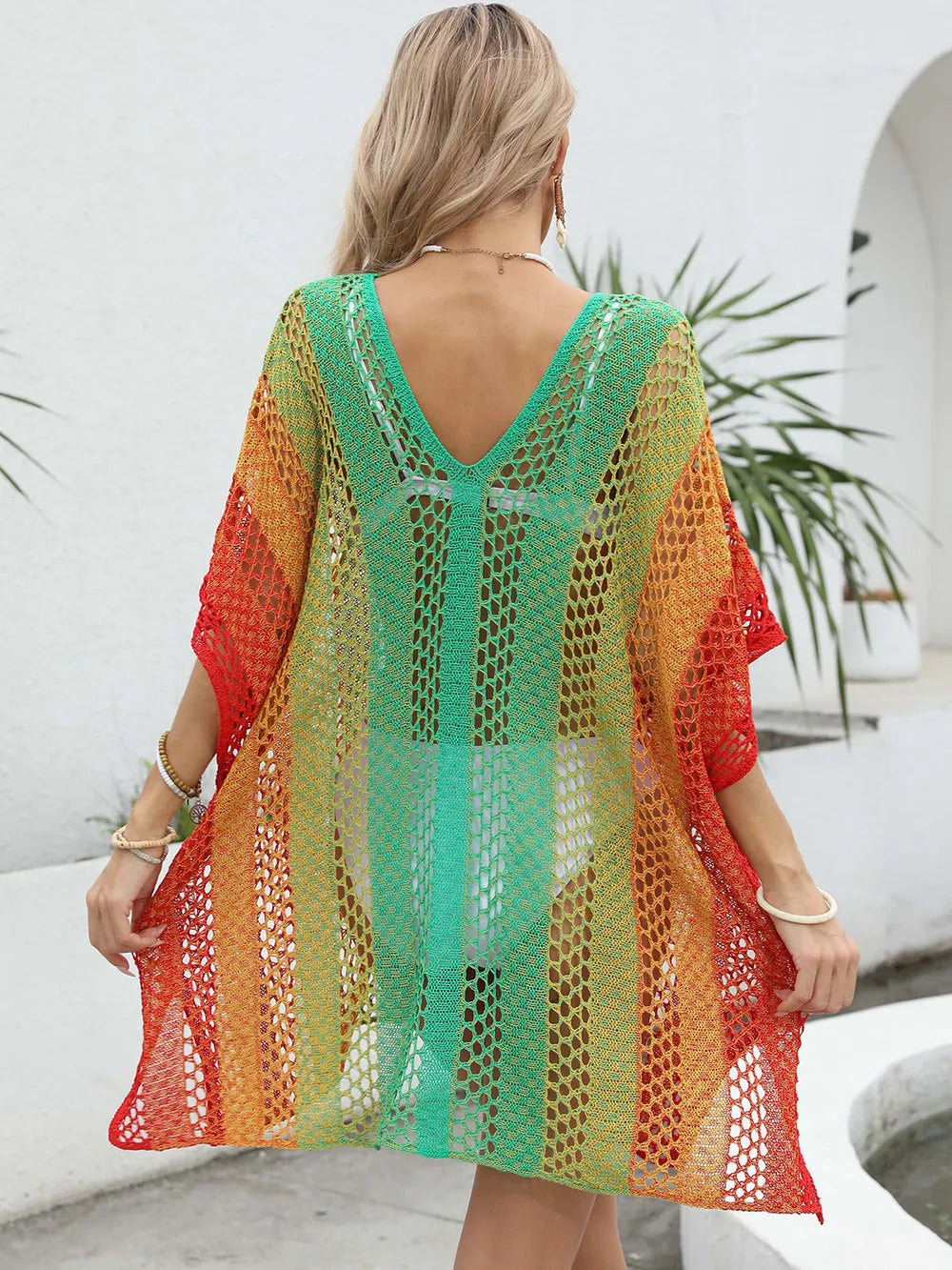 Openwork Contrast V-Neck Cover-Up - Treasured Gift's & More