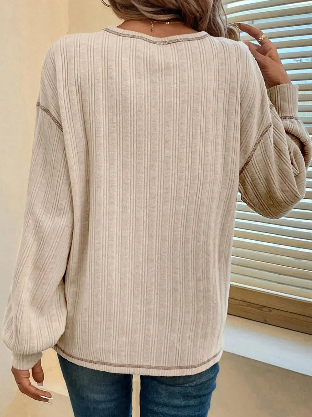 Mandy Contrast Stitching Round Neck Long Sleeve T-Shirt - Treasured Gift's & More