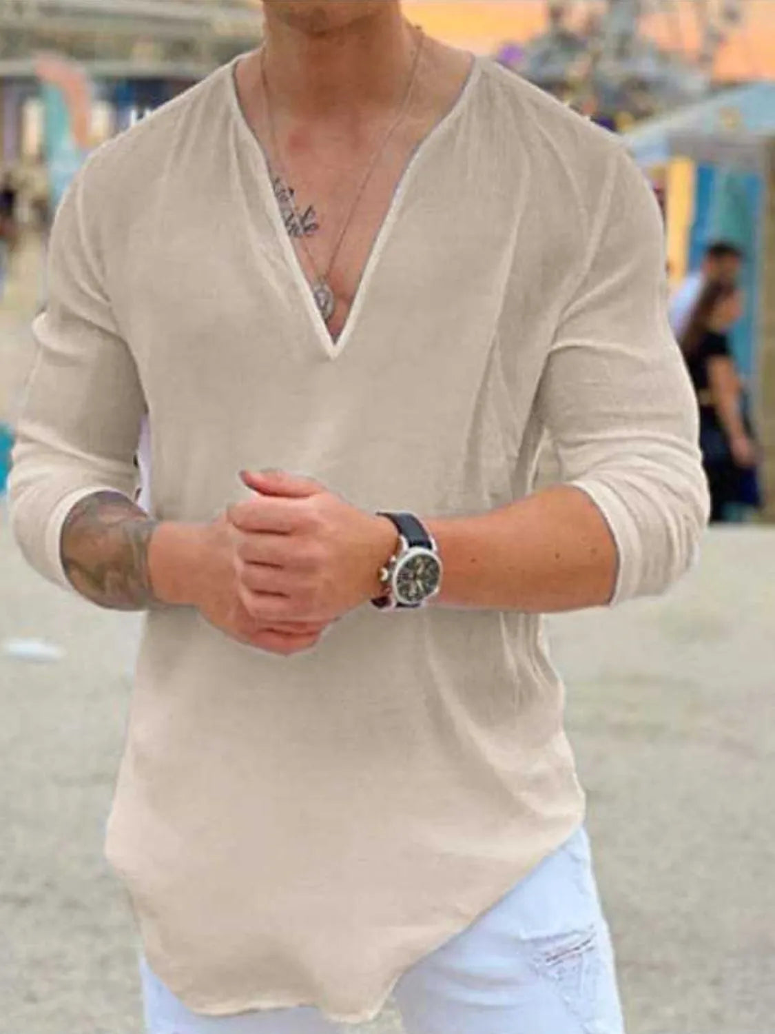 Men's Full Size V-Neck Long Sleeve Top Plus Size - Treasured Gift's & More