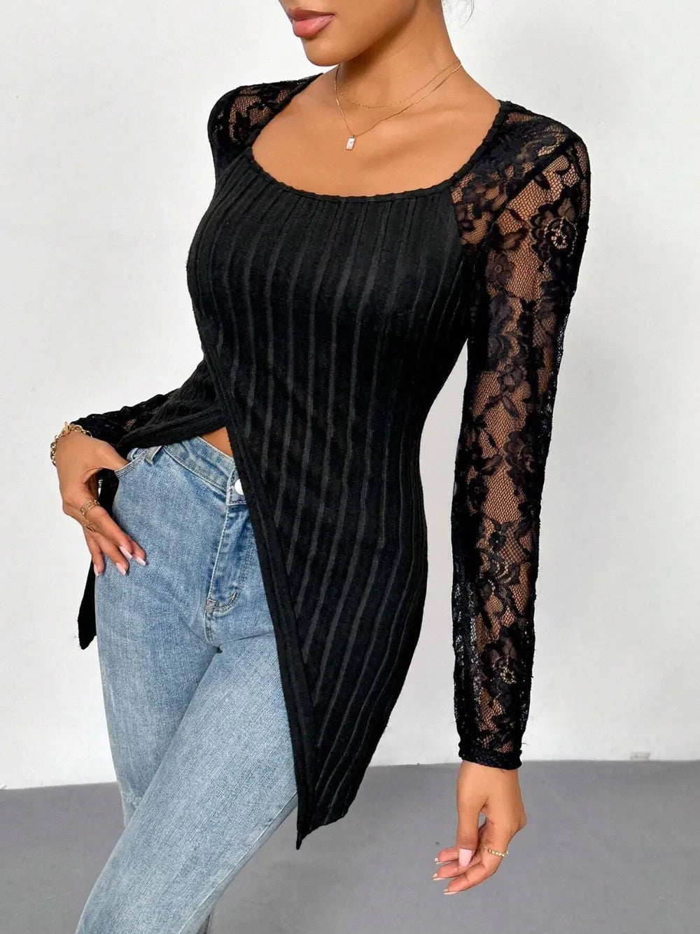 Square Neck Lace Patchwork Long Sleeve T-Shirt - Treasured Gift's & More