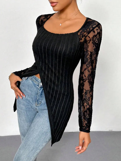 Square Neck Lace Patchwork Long Sleeve T-Shirt - Treasured Gift's & More