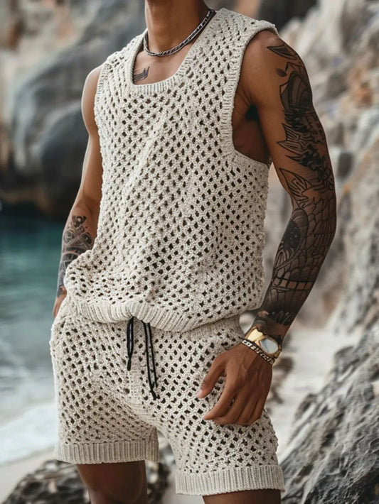 Men's Plus Size Hollow Out Round Neck Tank and Shorts Set - Treasured Gift's & More