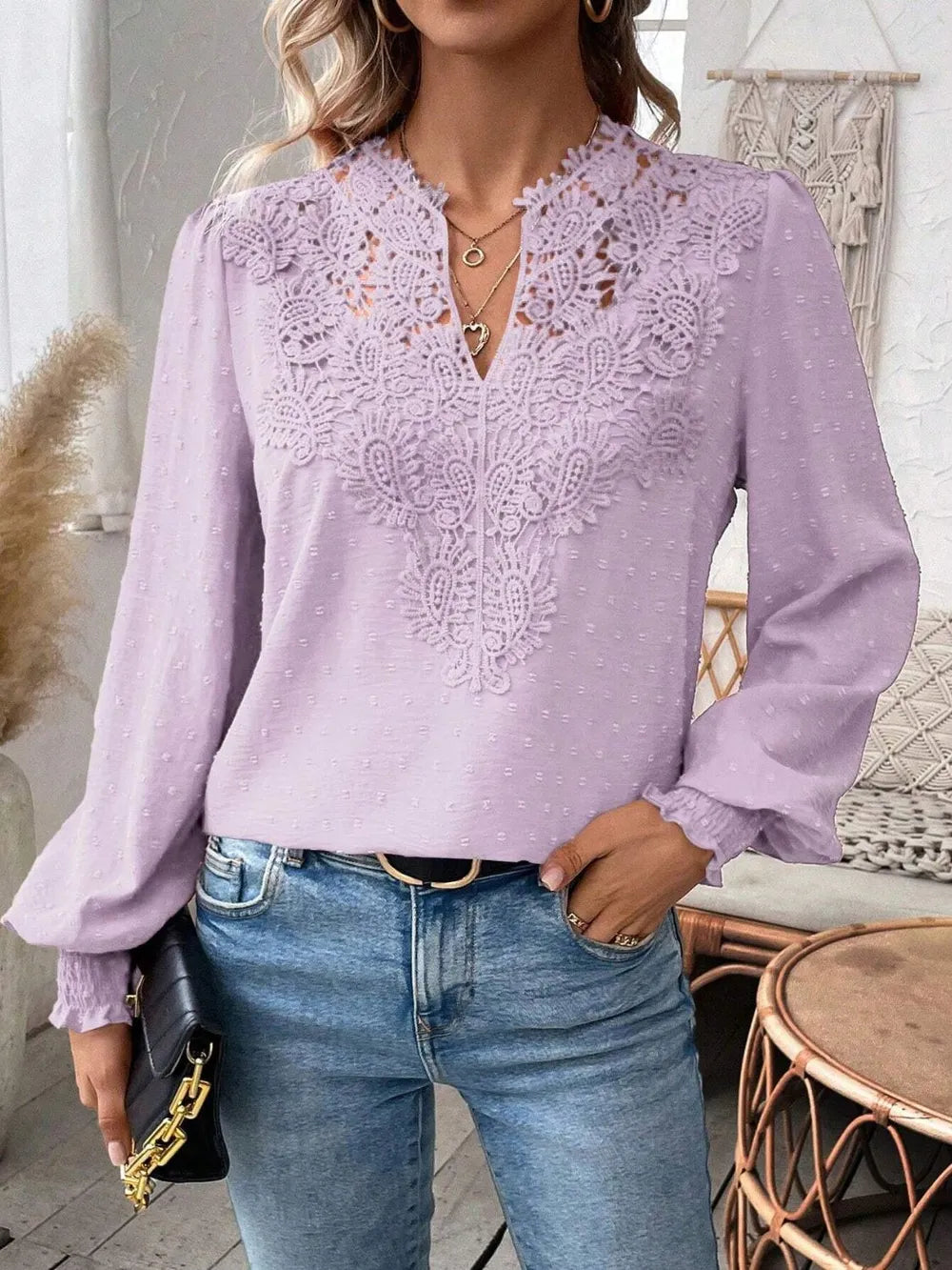 Swiss Dot Lace Detail Notched Long Sleeve Blouse - Treasured Gift's & More