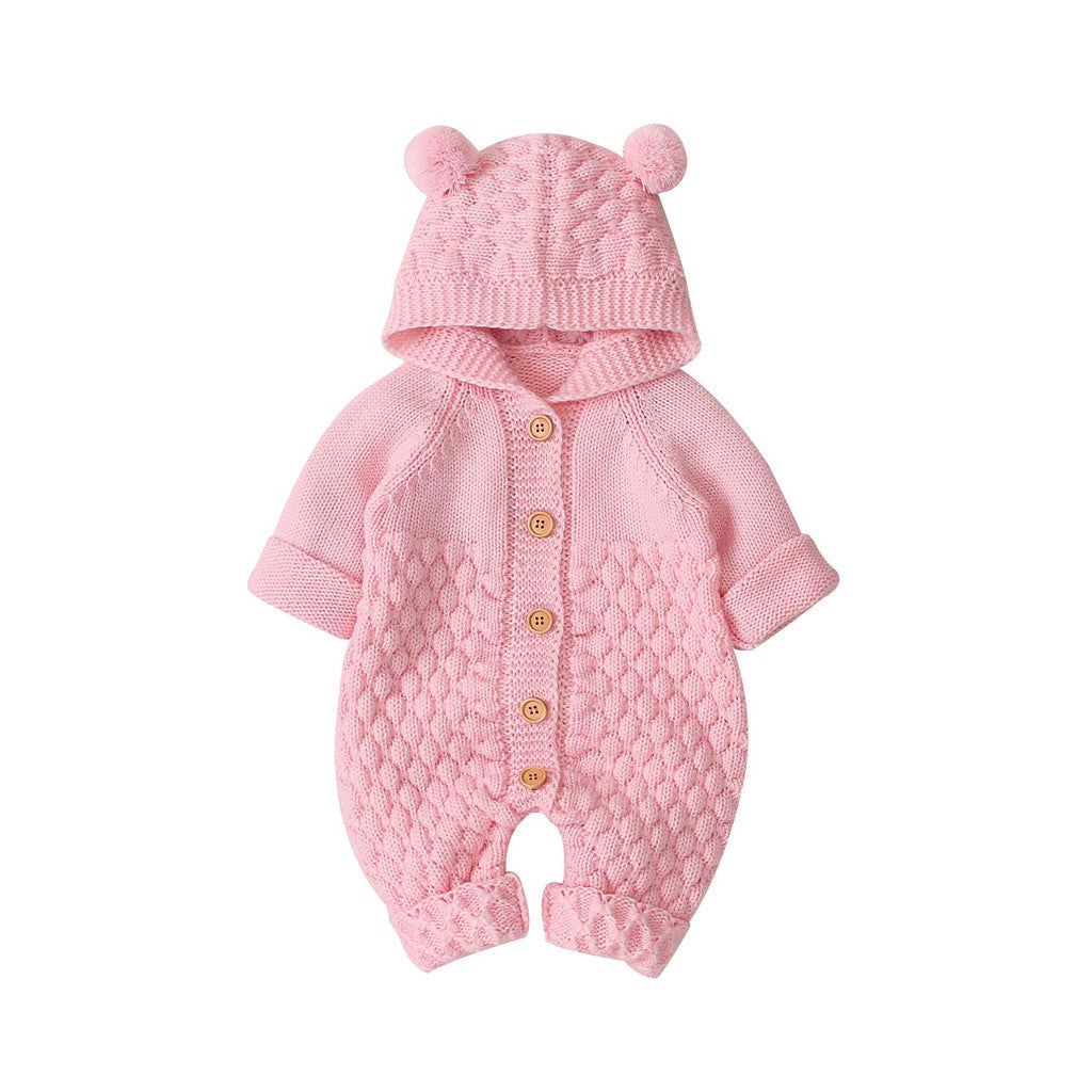 Children's three-dimensional fur ball hooded solid color knitted jumpsuit
