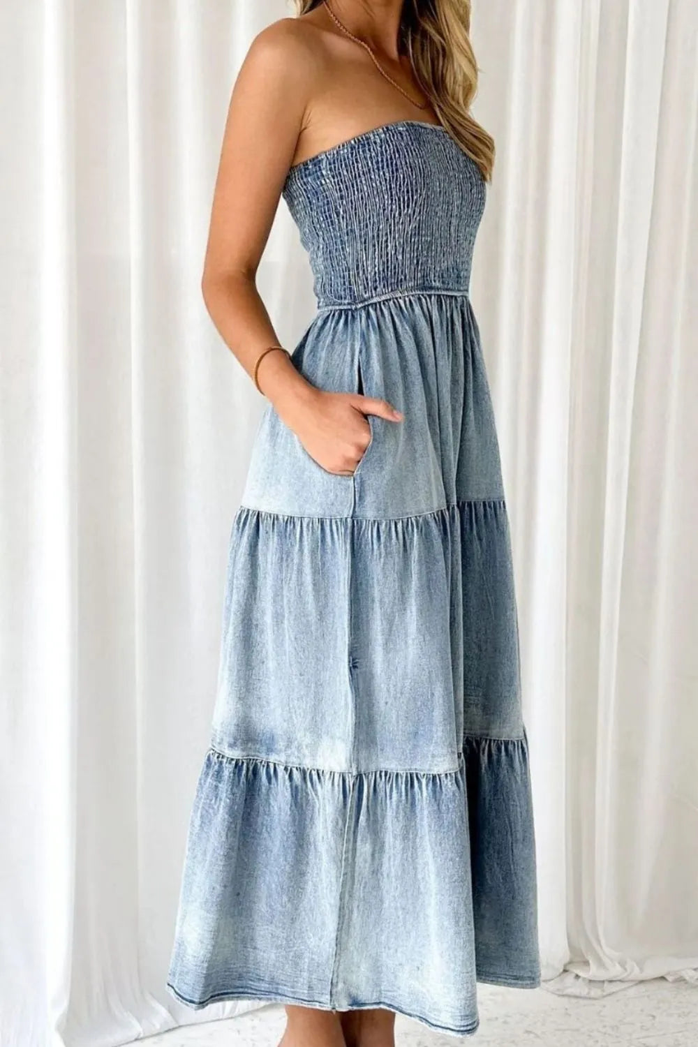 Smocked Tube Slit Tiered Denim Dress - Treasured Gift's & More