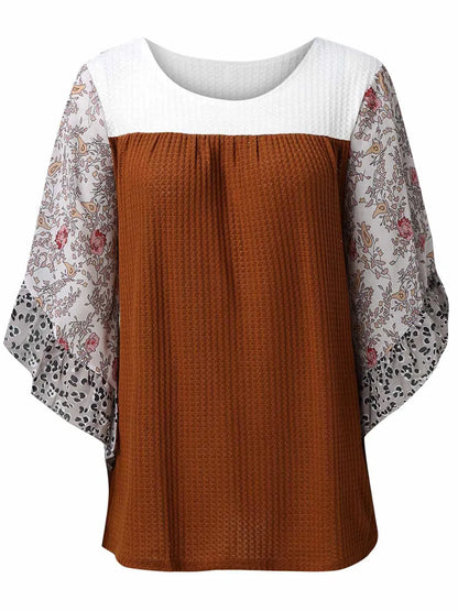 Full Size Printed Round Neck Three-Quarter Sleeve Blouse - Treasured Gift's & More