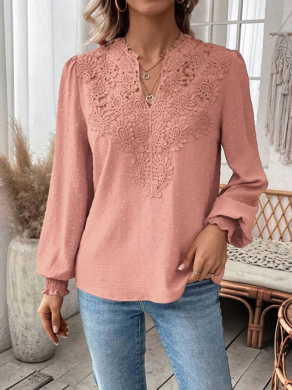 Swiss Dot Lace Detail Notched Long Sleeve Blouse - Treasured Gift's & More