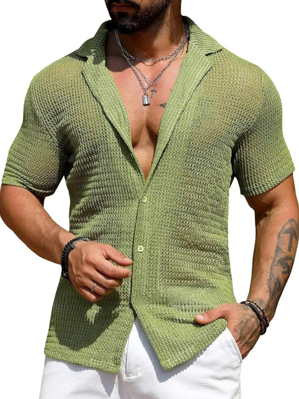Men's Full Size Openwork Button Down Short Sleeve Shirt Plus Size - Treasured Gift's & More