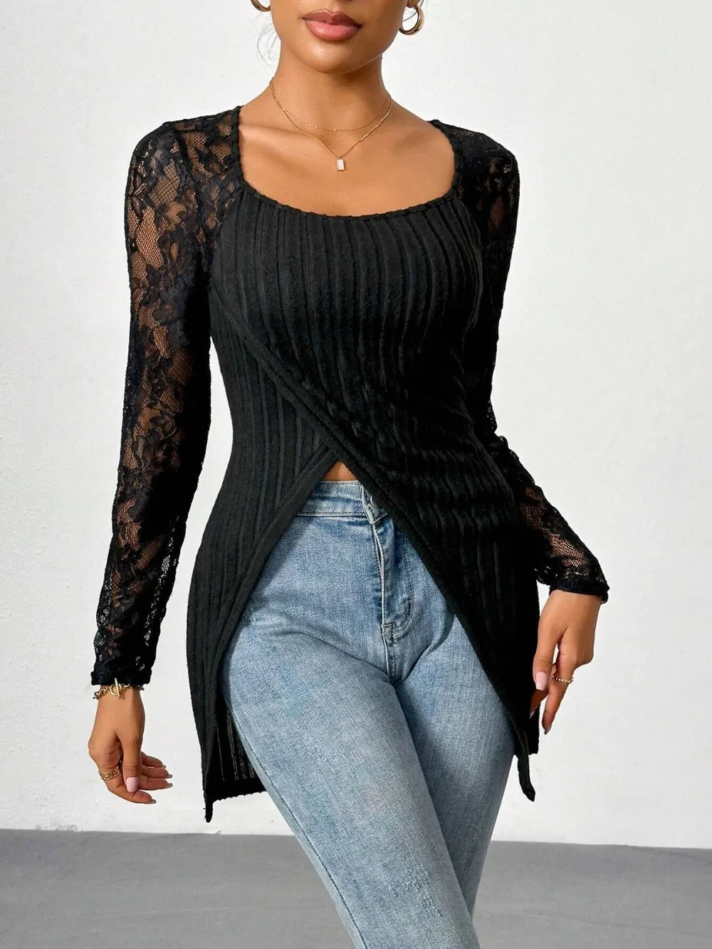 Square Neck Lace Patchwork Long Sleeve T-Shirt - Treasured Gift's & More