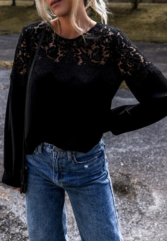 Lace Detail Round Neck Long Sleeve Blouse - Treasured Gift's & More