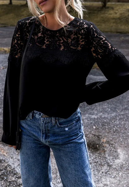 Lace Detail Round Neck Long Sleeve Blouse - Treasured Gift's & More