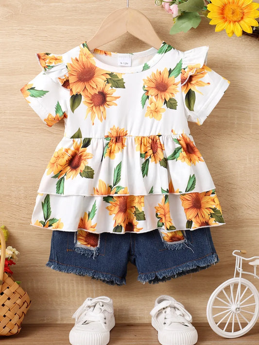 Children's Sunflower Ruffled Short Sleeve Top and Shorts Set - Treasured Gift's & More