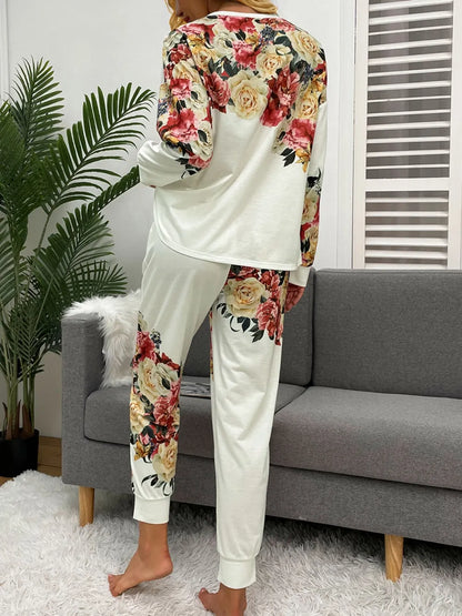 Shiny Printed Round Neck Top and Pants Lounge Set - Treasured Gift's & More