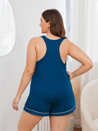 Plus Size Contrast Piping Racerback Tank and Shorts Lounge Set - Treasured Gift's & More
