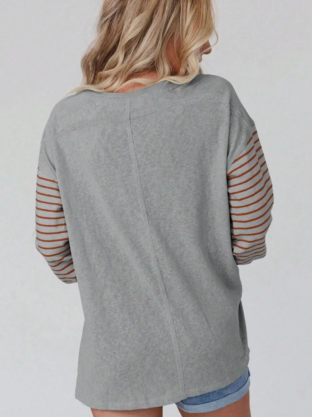 Round Neck Striped Long Sleeve Slit T-Shirt - Treasured Gift's & More