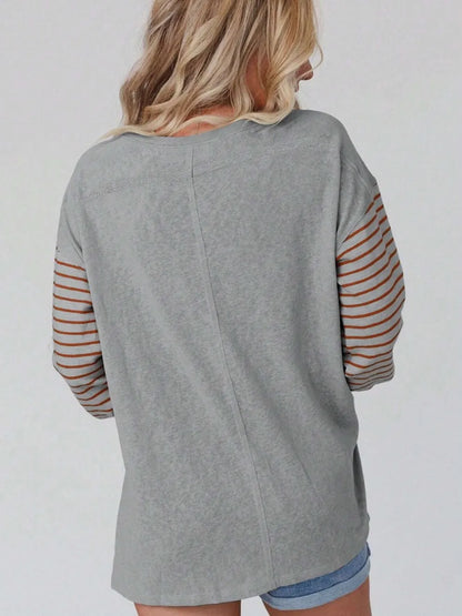 Round Neck Striped Long Sleeve Slit T-Shirt - Treasured Gift's & More