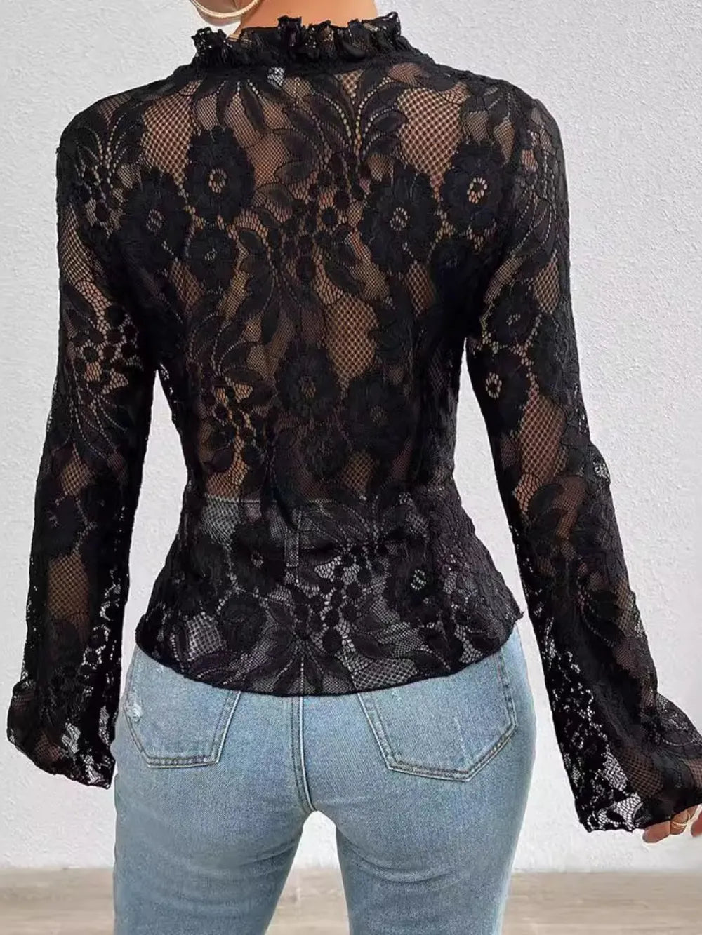 Tied V-Neck Long Sleeve Lace Top - Treasured Gift's & More