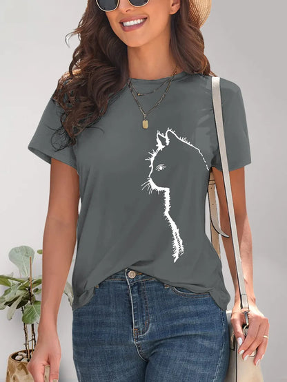 Cat Round Neck Short Sleeve T-Shirt - Treasured Gift's & More