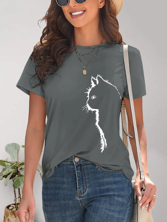 Cat Round Neck Short Sleeve T-Shirt - Treasured Gift's & More
