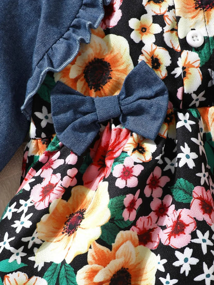 Children's Ruffled Bow Contrast Floral Dress with Headband - Treasured Gift's & More