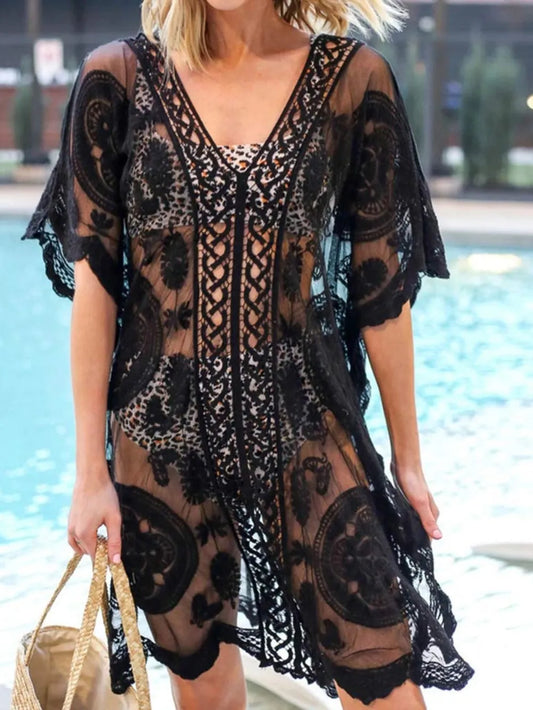 Lace V-Neck Half Sleeve Cover-Up - Treasured Gift's & More