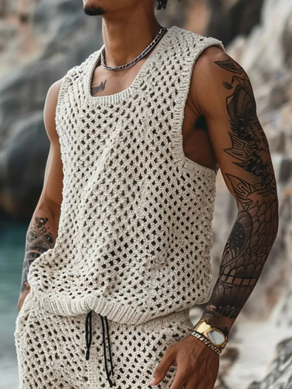 Men's Plus Size Hollow Out Round Neck Tank and Shorts Set - Treasured Gift's & More