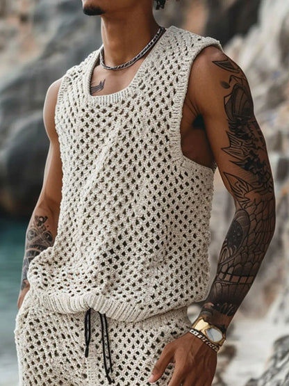 Men's Plus Size Hollow Out Round Neck Tank and Shorts Set - Treasured Gift's & More