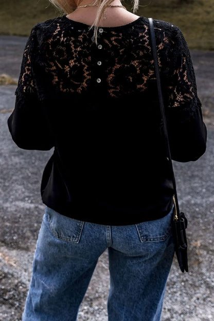 Lace Detail Round Neck Long Sleeve Blouse - Treasured Gift's & More