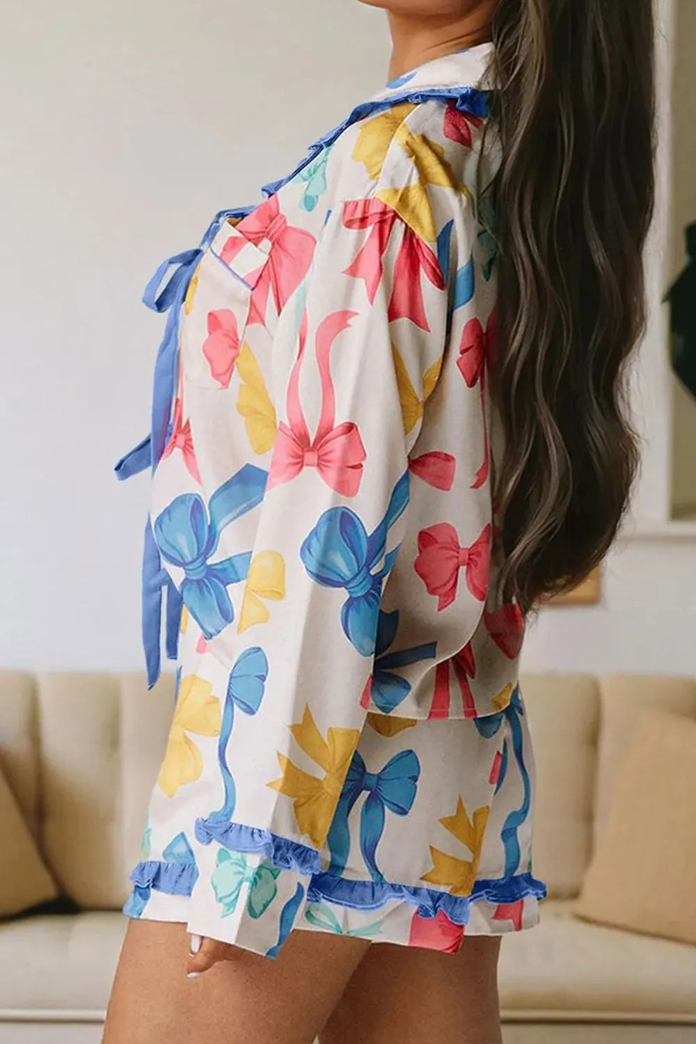 Bow Print Collared Neck Top and Shorts Lounge Set - Treasured Gift's & More