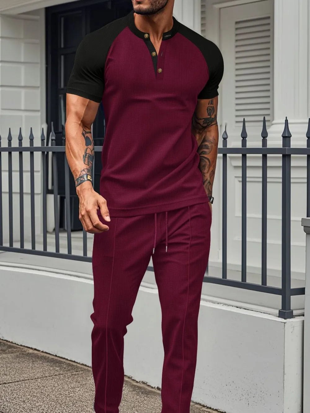 Men's Full Size Waffle-Knit Contrast Top and Drawstring Pants Set Plus Size - Treasured Gift's & More