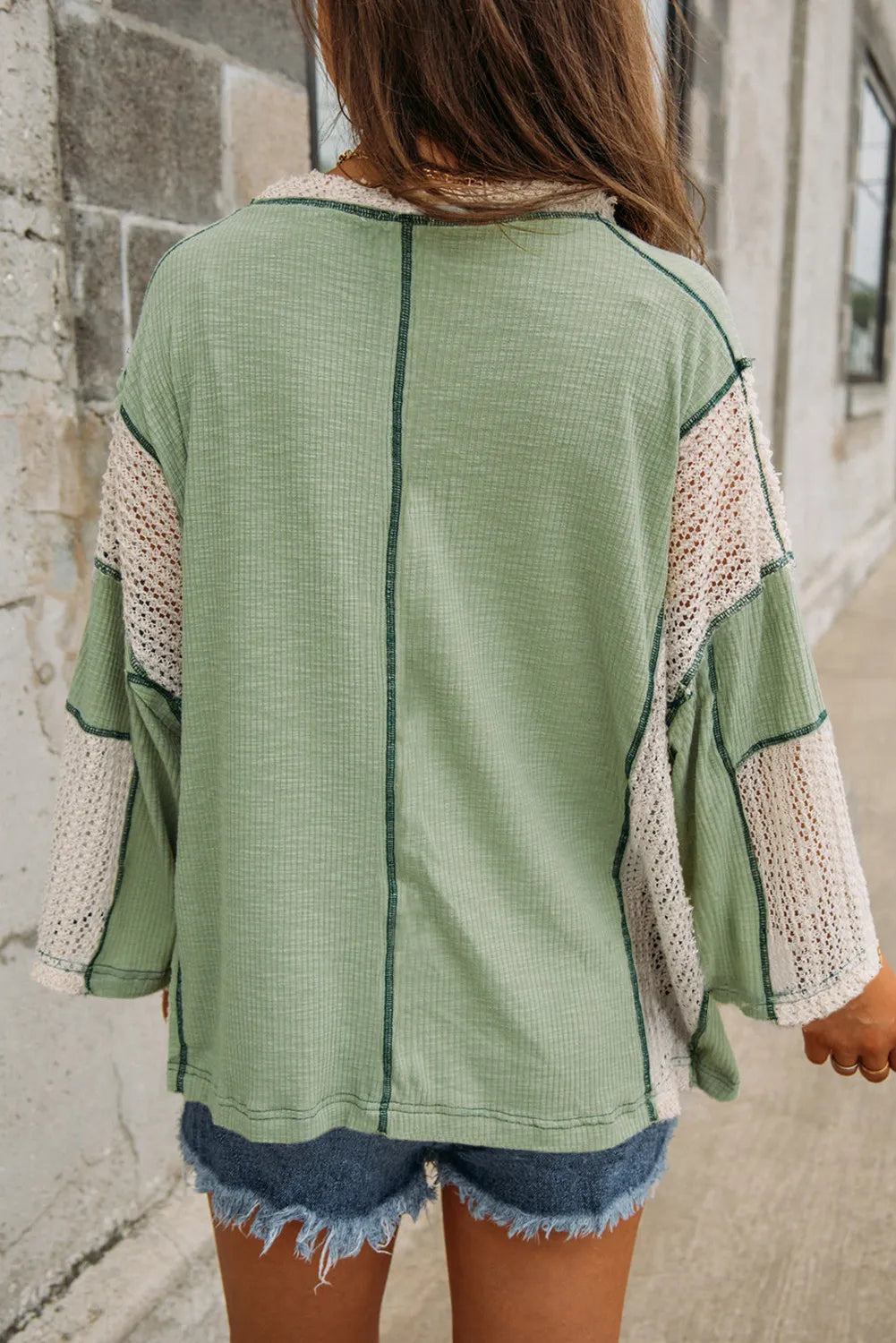 Lace Detail Contrast V-Neck Long Sleeve Blouse - Treasured Gift's & More