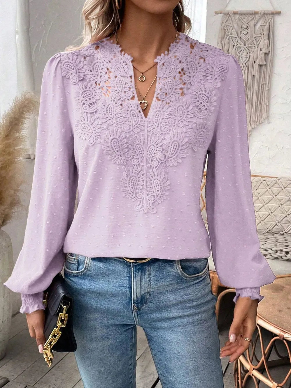 Swiss Dot Lace Detail Notched Long Sleeve Blouse - Treasured Gift's & More