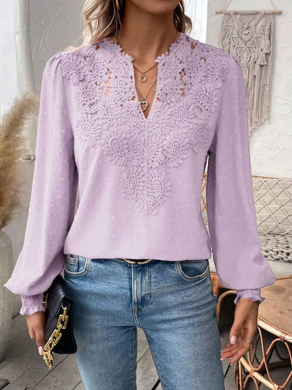 Swiss Dot Lace Detail Notched Long Sleeve Blouse - Treasured Gift's & More