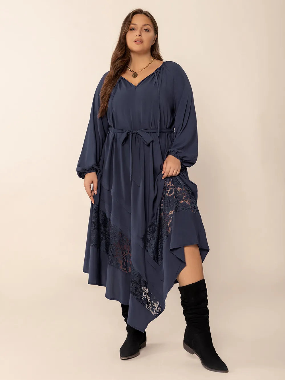 Plus Size Lace Detail Tie Neck Long Sleeve Midi Dress - Treasured Gift's & More