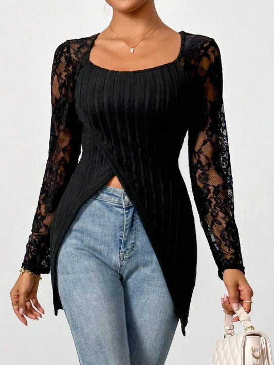 Square Neck Lace Patchwork Long Sleeve T-Shirt - Treasured Gift's & More