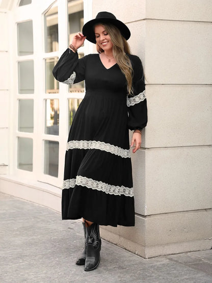 Plus Size Lace Detail V-Neck Long Sleeve Midi Dress - Treasured Gift's & More