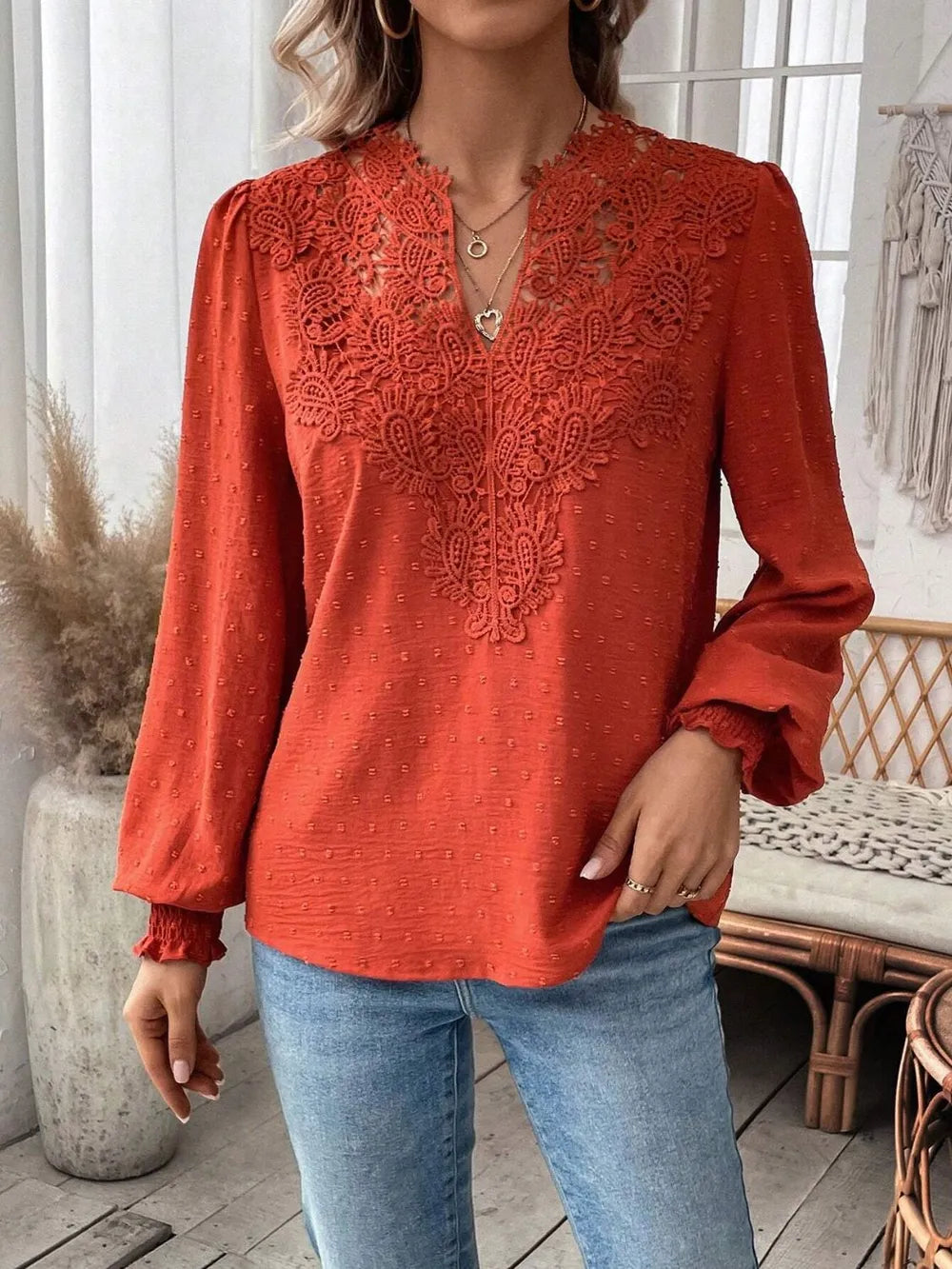 Swiss Dot Lace Detail Notched Long Sleeve Blouse - Treasured Gift's & More