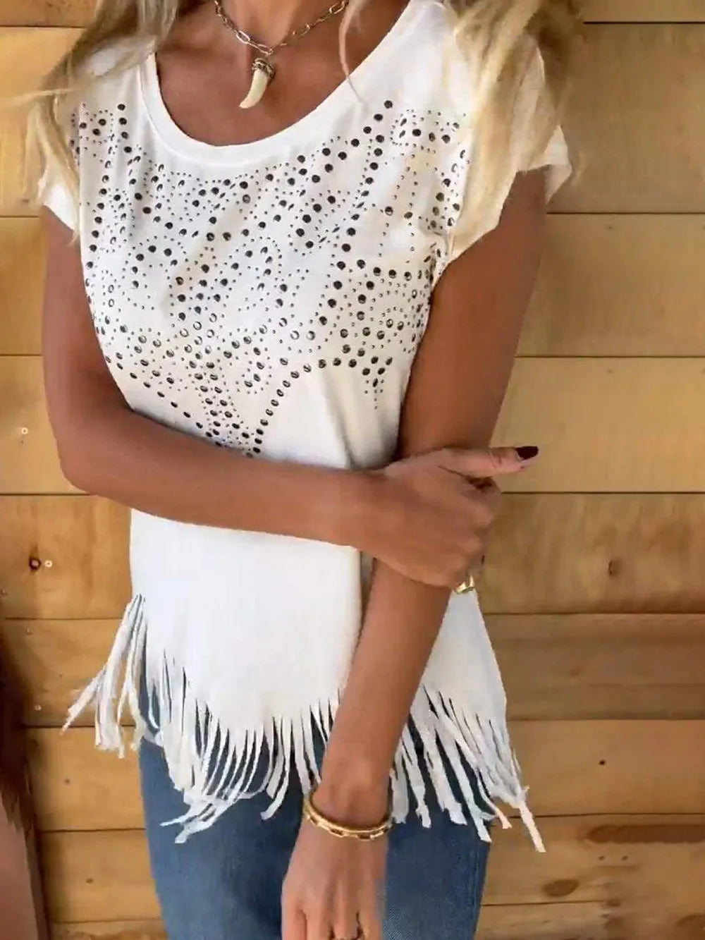 Studded Fringe Round Neck Cap Sleeve T-Shirt - Treasured Gift's & More