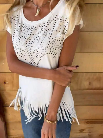 Studded Fringe Round Neck Cap Sleeve T-Shirt - Treasured Gift's & More
