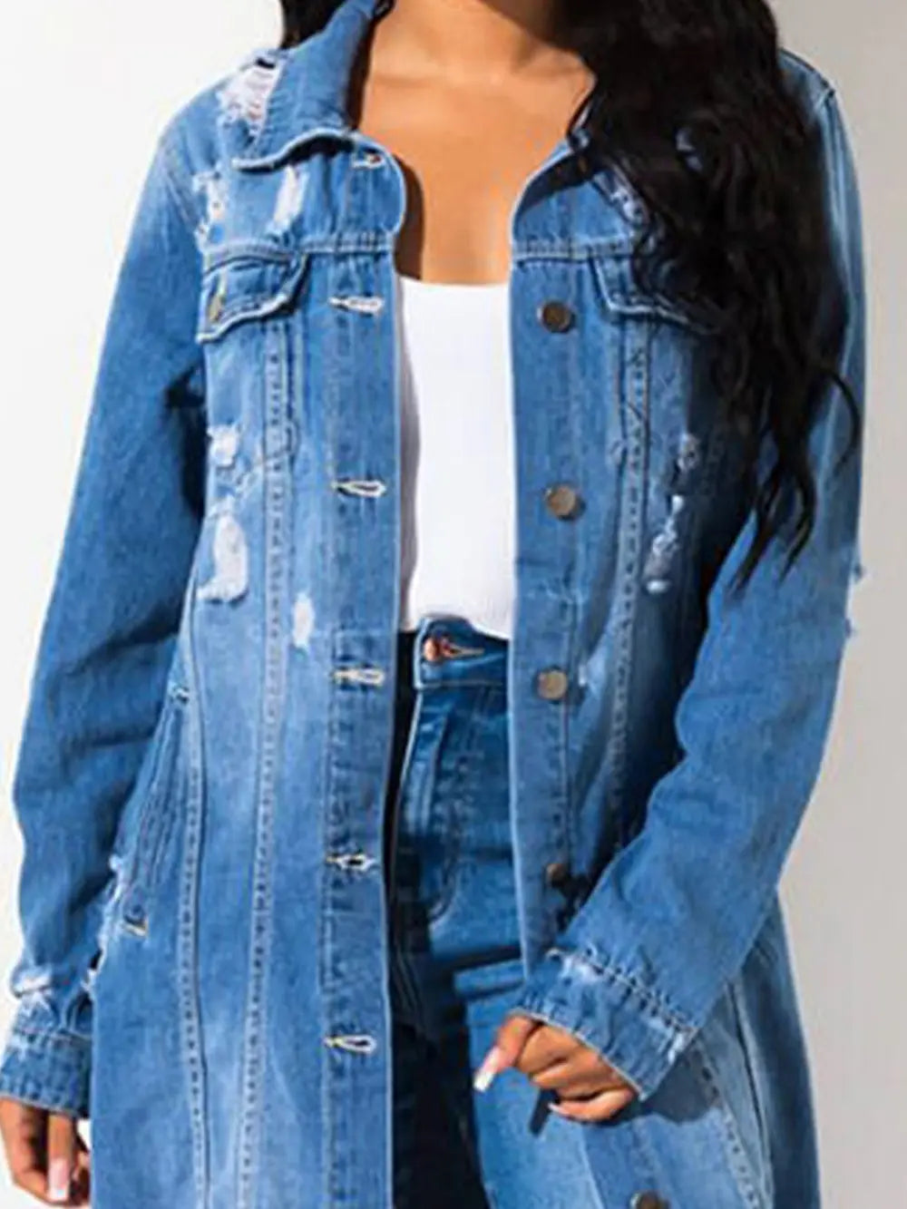 Long Sleeve Raw Hem Denim Jacket - Treasured Gift's & More