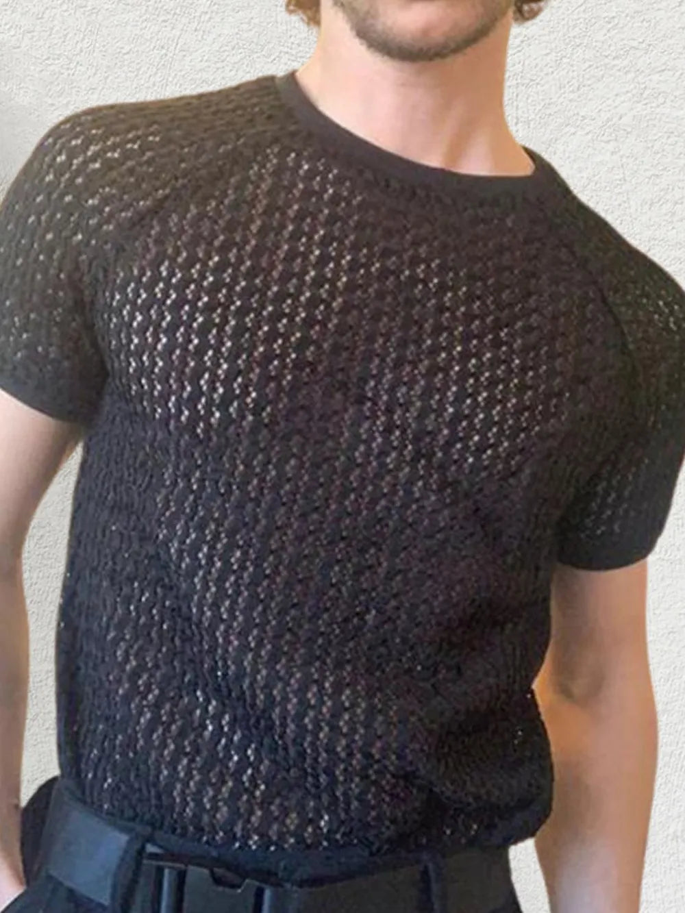 Men's Openwork Round Neck Short Sleeve T-Shirt - Treasured Gift's & More