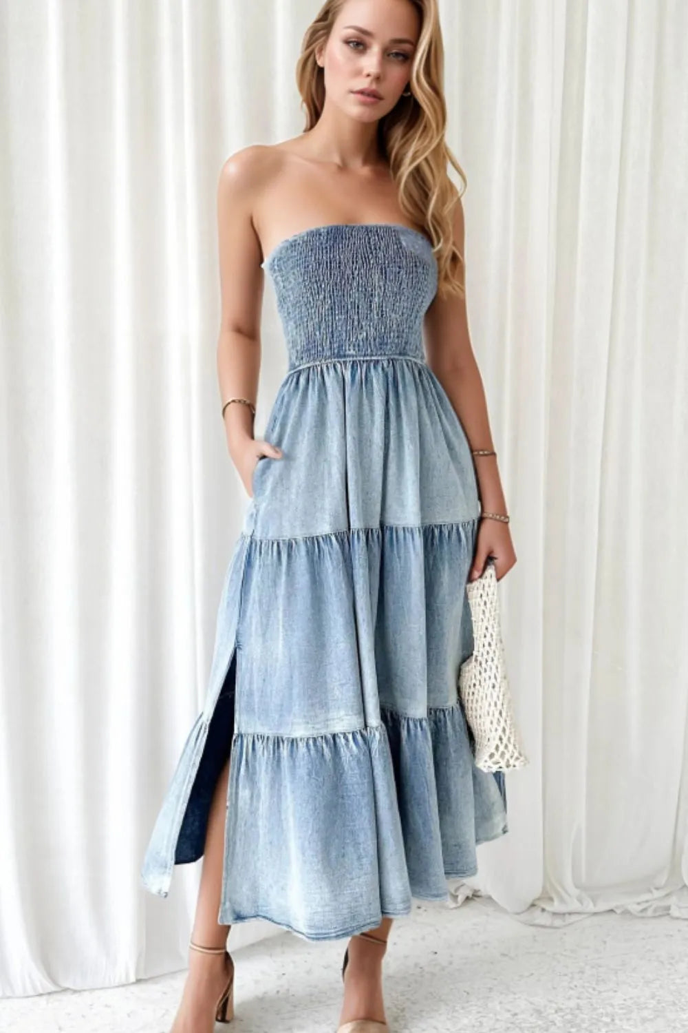 Smocked Tube Slit Tiered Denim Dress - Treasured Gift's & More